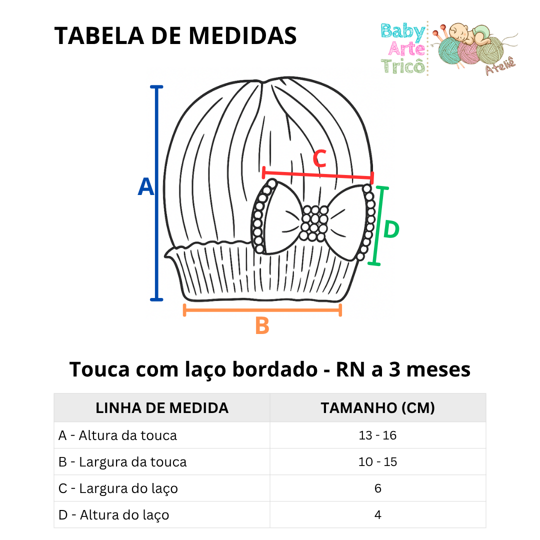 TABELA DE MEDIDAS - TOUCA DE TRICÔ COM LAÇO BORDADO